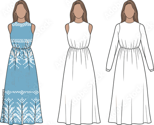 Long dress design, fashion illustration, sleeveless and long sleeve, Nordic pattern, gathered waist, high neckline, garment mockup, clothing template, apparel vector, fashion flat, technical drawing,