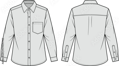 Long sleeve button up shirt flat sketch, fashion technical drawing, apparel design template, clothing illustration, garment construction detail, vector 