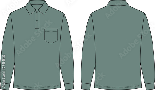 Long sleeve polo shirt flat sketch, fashion design template, technical drawing apparel, clothing specification front back view, garment illustration vector