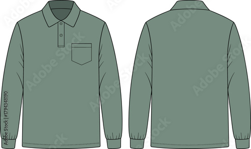 Long sleeve polo shirt flat sketch, fashion technical drawing, apparel design template, clothing illustration, garment construction detail, vector outline, chest pocket