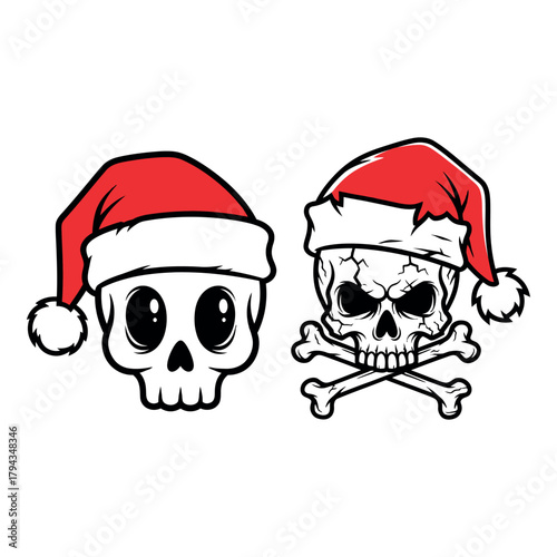 Whimsical cartoon skulls with santa hats isolated on white background