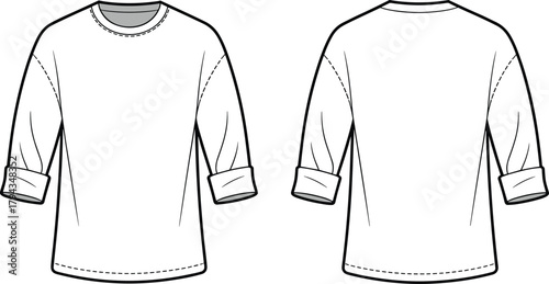 Long sleeve shirt front back view, rolled-up sleeve casual top, fashion flat sketch, apparel template, cad drawing flat vector illustration