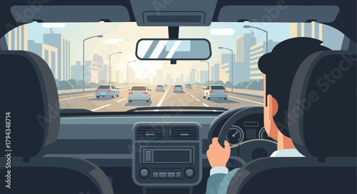 A serene flat design illustration capturing a lone commuter driving to work during a peaceful sunrise, representing the start of the workday.