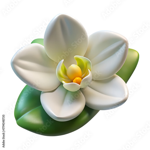 White orchid flower with green leaves on black image