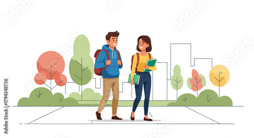 A delightful flat design illustration of two friends walking to school, symbolizing companionship, shared journeys, and school life.