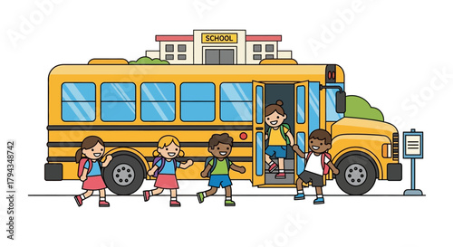 This engaging flat design illustration shows a school bus dropping off happy students, capturing the lively daily arrival at school.