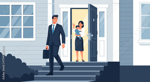 This crisp flat design illustration depicts a man leaving his home for work, representing the start of the daily professional commute.