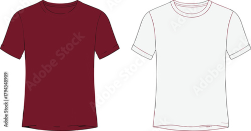 Maroon and white t-shirt front view, crew neck, short sleeve, fashion flat sketch, casual wear, cad drawing flat vector illustration