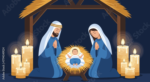Cherished nativity scene depicting Mary and Joseph praying over baby Jesus surrounded by candlelight in a peaceful manger setting for Christmas season