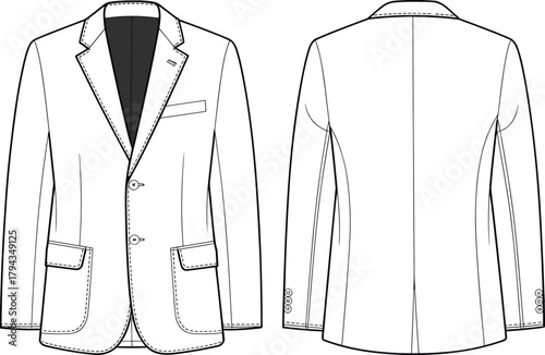 Men’s blazer fashion illustration, technical clothing sketch, front and back view, classic tailoring design, apparel construction drawing, garment design reference