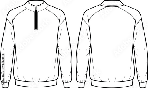 Men’s pullover technical flat sketch, raglan sleeve design, high collar with zipper, ribbed cuffs and hem, fashion garment construction illustration