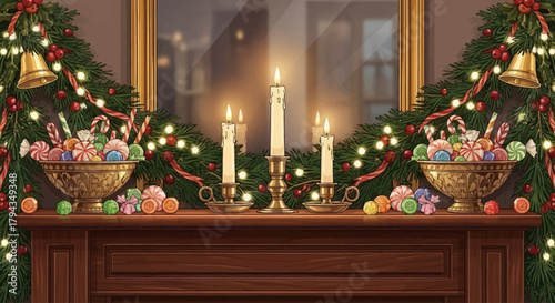 Cozy Christmas mantel scene with glowing candles, festive garland, and bowls overflowing with colorful candy for a warm holiday celebration