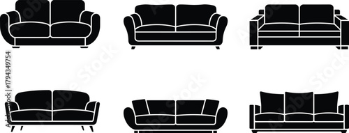 Modern sofa silhouette vector, furniture design icons, couch shape collection, interior design flat sketch, CAD drawing illustration for home decor