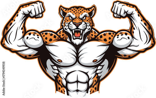 Muscular cartoon jaguar mascot, fierce animal illustration, strong predator vector drawing, bodybuilding style artwork, powerful sports design, 