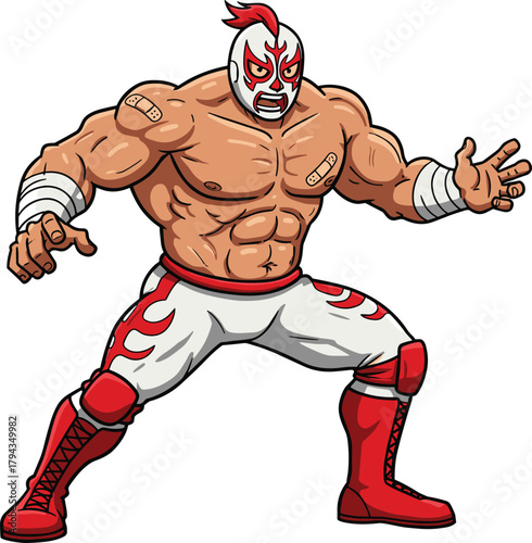 Muscular cartoon wrestler character, red mask fighter, strong man illustration, dynamic action pose, flame pants, aggressive stance, combat sports artwork