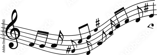 Musical staff with treble clef, flowing notes, sharps and rests, creative melody line, abstract music notation, artistic vector illustration