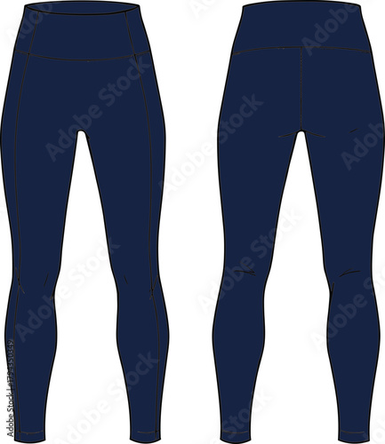 Navy blue leggings front and back view, technical fashion sketch, activewear design, high waist, cad drawing flat vector illustration