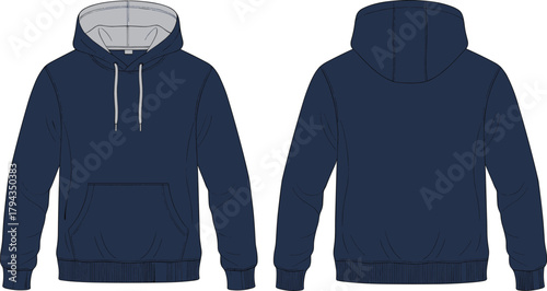 navy hoodie, hooded sweatshirt, front back view, kangaroo pocket, ribbed cuffs, drawstring hood, fashion sketch, cad drawing flat vector illustration