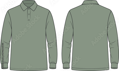 Olive green long sleeve polo shirt, men’s casual fashion top, classic collar design, modern apparel photography, front and back clothing view