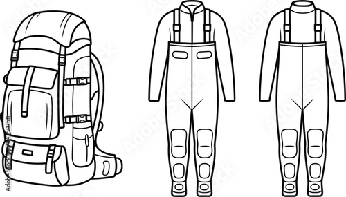 Outdoor gear technical illustration, hiking backpack, waders front and back view, vector sketch, field equipment, grayscale drawing, apparel design