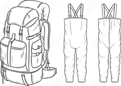 Outdoor gear technical illustration, hiking backpack, insulated overalls, front view, rear view, vector drawing, cold weather apparel, equipment mockup
