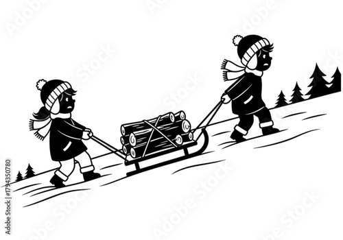 Two children in winter gear pulling a sled with firewood uphill.