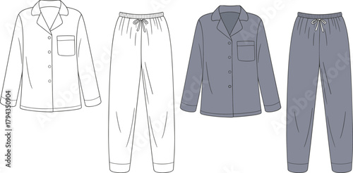 Pajama set illustration, sleepwear fashion design, long sleeve shirt with pants, dark gray loungewear, cozy nightwear clothing, comfortable home outfit