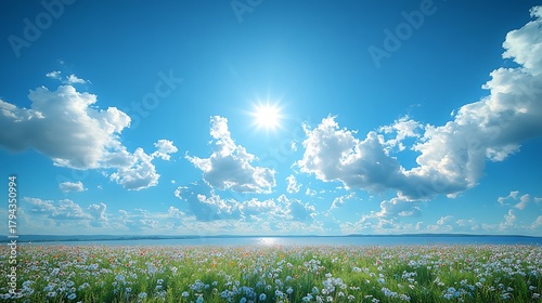 Beautiful sunny day over flowers and water