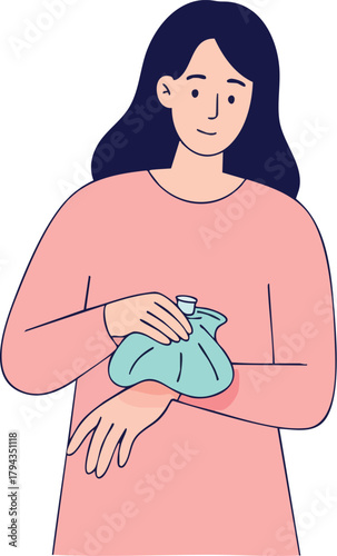 Illustration of a woman holding an ice pack on her arm, likely due to arthritis or injury, against a clean white background with a calm mood.