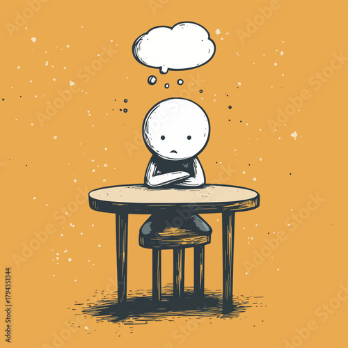 Skeptical stick man sitting at table with arms crossed and thought bubble above head   , vector style simple color