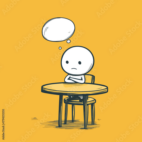 Skeptical stick man sitting at table with arms crossed and thought bubble above head   , vector style simple color