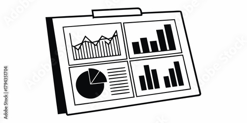 Illustration of a clipboard with four different types of data charts in black and white color scheme