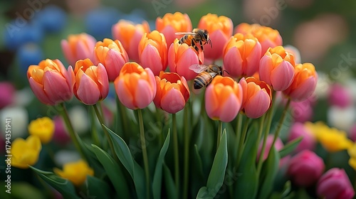 Tulips and bees blooming in a garden