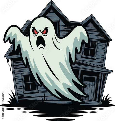 Angry ghost vector illustration haunting a spooky old house on a dark Halloween night