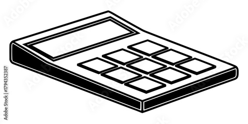 Isometric view of a calculator with a display and nine square buttons in black and white style design