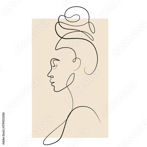 Beautiful African girl with bun one line drawing. Beautiful African girl with bun single line illustration. Beautiful African girl with bun minimalist line art