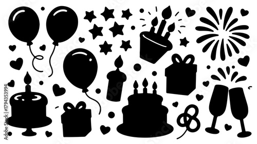 Black and white vector icons set illustration for food and drink design with coffee cup, cake, and chef hat symbols