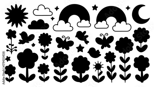 Vector set of black animal silhouettes for icon design, including cat, bear, bird, fish, and elephant illustrations