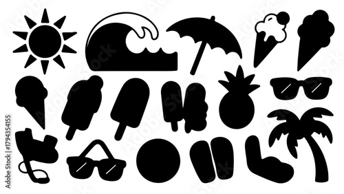 A set of hand-drawn vector icons and silhouettes featuring black cartoon animals like cats, bears, and birds for nature and Halloween design collections