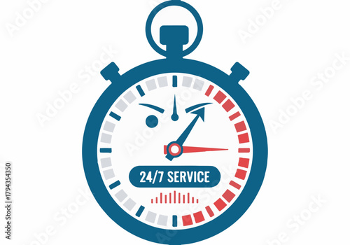24/7 Service vector icon stopwatch logo for fast continuous support isolated on white