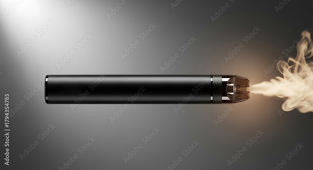 Fototapeta premium Black vape pen emitting a plume of smoke against a grey background
