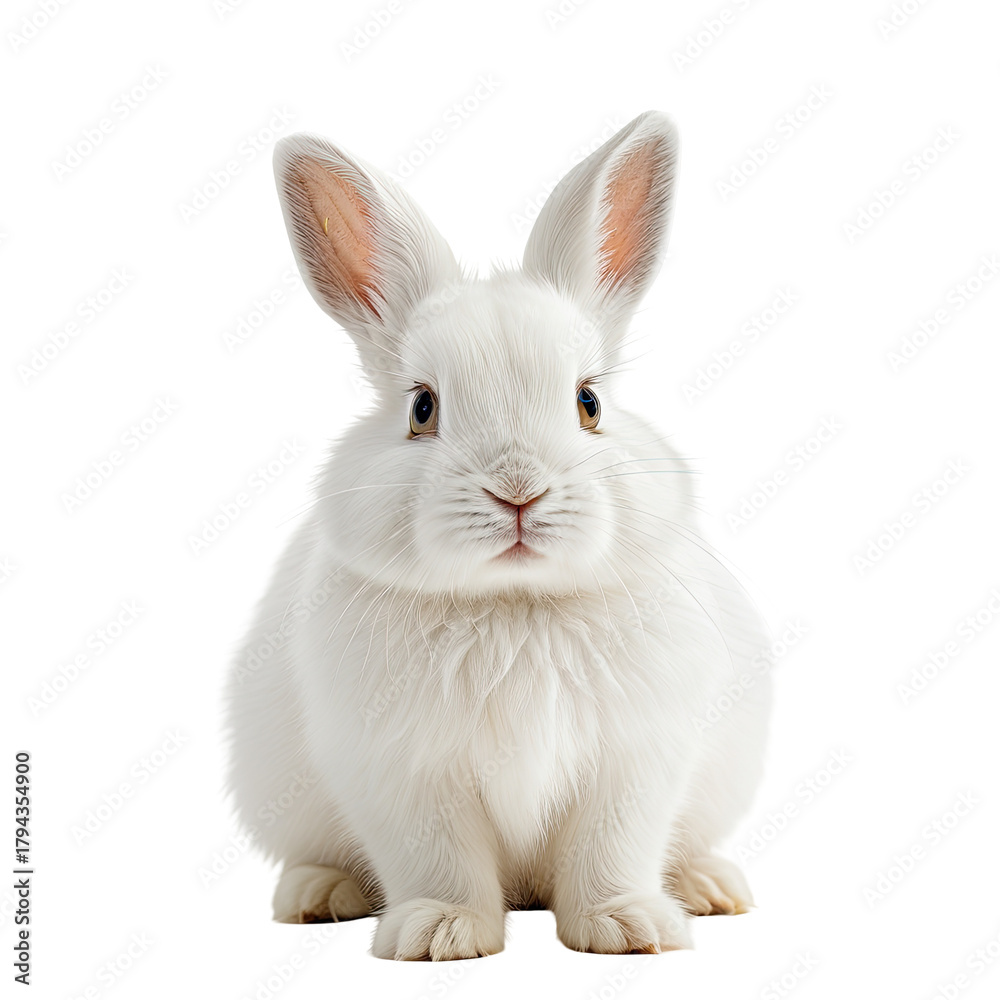 Obraz premium Fluffy white bunny with long ears, brown eyes, sitting upright
