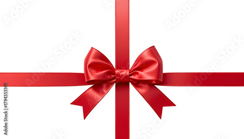A bright red ribbon and bow tied in a classic style on a white background, symbolizing celebration, gift giving, and festive occasions like Christmas or birthdays