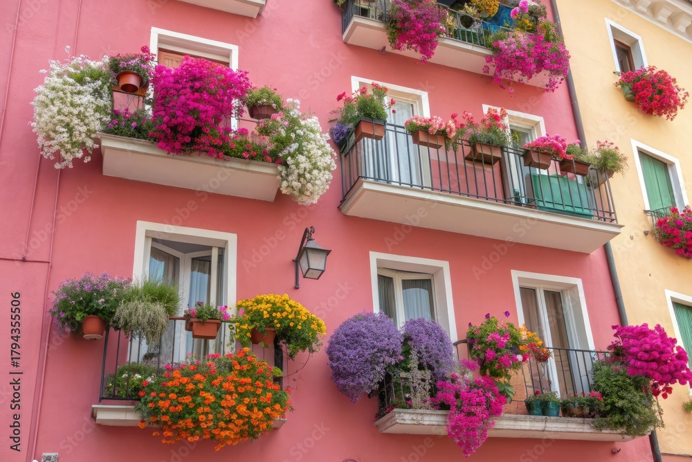 Fototapeta premium Vibrant Flower-Filled Balconies on Colorful Buildings in a Charming Town