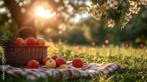 Apples in a basket on a checkered blanket