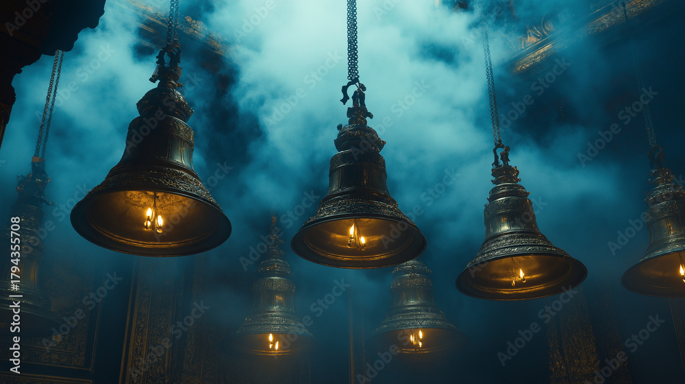 Obraz premium Mysterious ancient temple bells illuminated by flickering flames, evoking spiritual awe and tradition.
