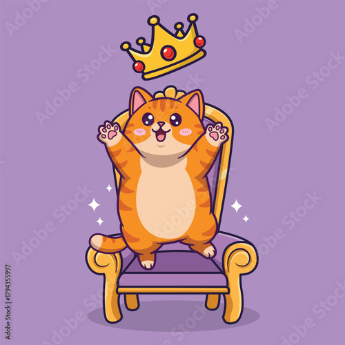Cute Orange Tabby Cat Vector Illustration Sitting Joyfully on a Royal Chair with Crown and Sparkles