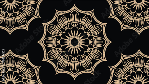 Tan mandala pattern on black background beige, brown