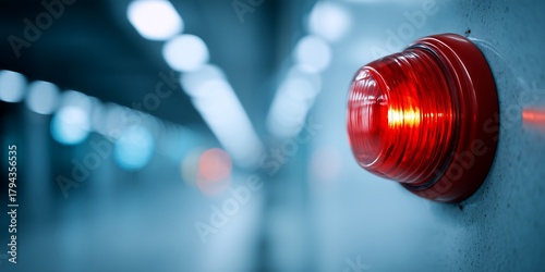 Flashing red emergency light affixed to a blue wall, concept for safety alert, hazard warning and urgent notification