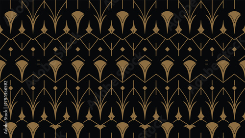 Art Deco geometric pattern with gold fan and leaf motifs on black
